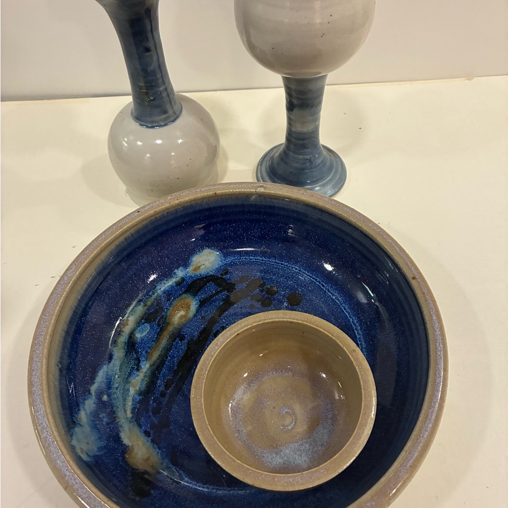 Set/2 Art Pottery Chalices + Chip/Dip Bowl Signed Pottery VIBRANT Cobalt Blue!